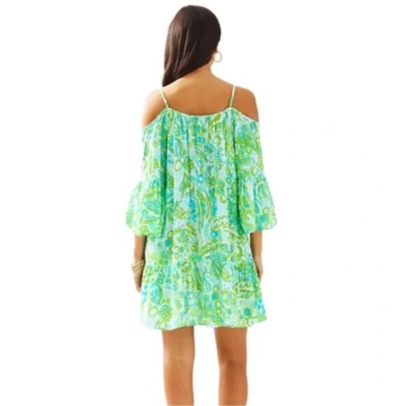 Lilly Pulitzer Alanna Off The Shoulder Dress Any Fin Possible beaded Tassels XXS - Picture 2 of 9